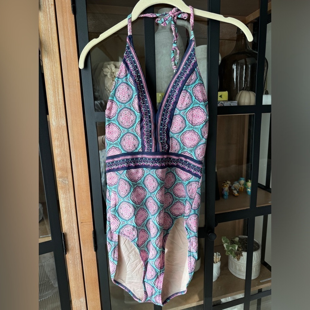 Cabana Life one piece swimsuit halter open back embroidered abstract print